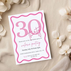 Pink Wavy Border 30th Birthday Invitations, 40th 50th or Any Age Birthday Invite For Women, Editable & Printable, Digital Template Canva 171