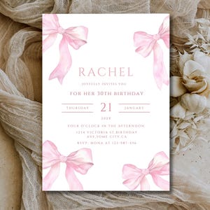 Modelo de convite de aniversário com laço rosa, download digital, convite de aniversário rosa editável para impressão para mulheres, festa de coquete para meninas de qualquer idade 184