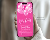 Electronic Let's Party Invitation Template, Pink Birthday Invite, Digital Hot Pink Invite For Girls or Adult Women, Text Message invites 134