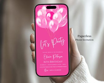 Electronic Let's Party Invitation Template, Pink Birthday Invite, Digital Hot Pink Invite For Girls or Adult Women, Text Message invites 134