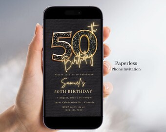 Electronic 50th Birthday Invitation For Men, Black and Gold 50th Birthday Invite, Adult Birthday Invite Male,Text message invite, Canva, 101