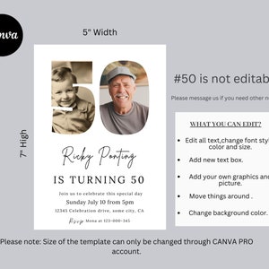 May include: A white birthday invitation template with a vintage photo of a man and a child. The text reads "Ricky Ponting is turning 50" with event details. The template is 5 inches wide and 7 inches high.