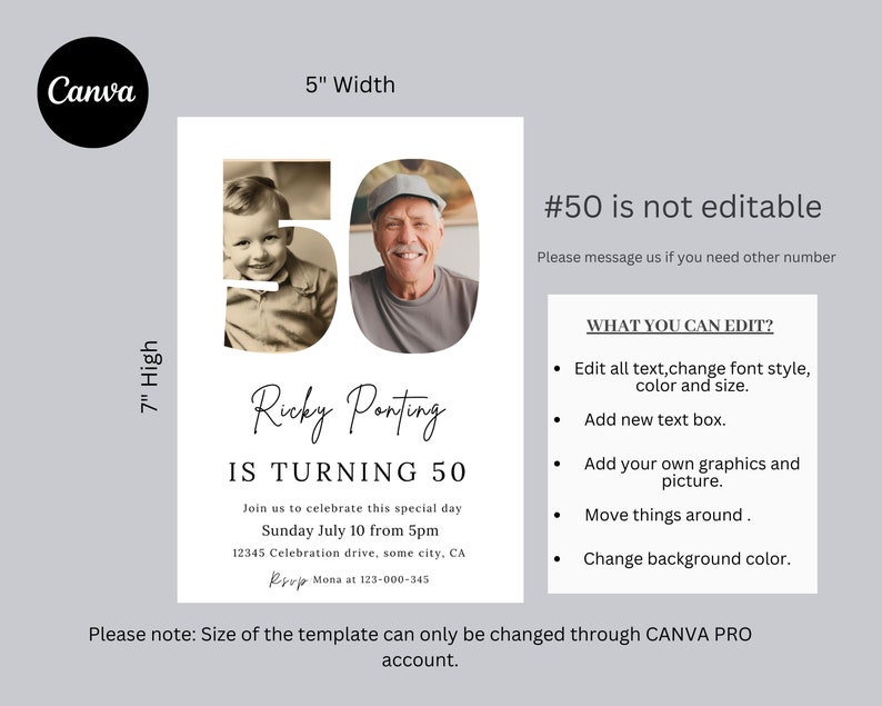 May include: A white birthday invitation template with a vintage photo of a man and a child. The text reads "Ricky Ponting is turning 50" with event details. The template is 5 inches wide and 7 inches high.