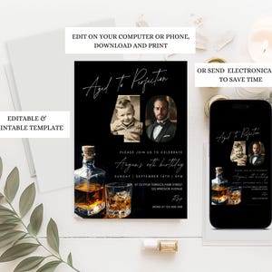 May include: Editable 40th birthday party invitation template with a black background, gold accents, and a photo of a man and a boy. The text reads "Aged to Perfection" and "Please join us to celebrate [Name]'s 40th birthday".