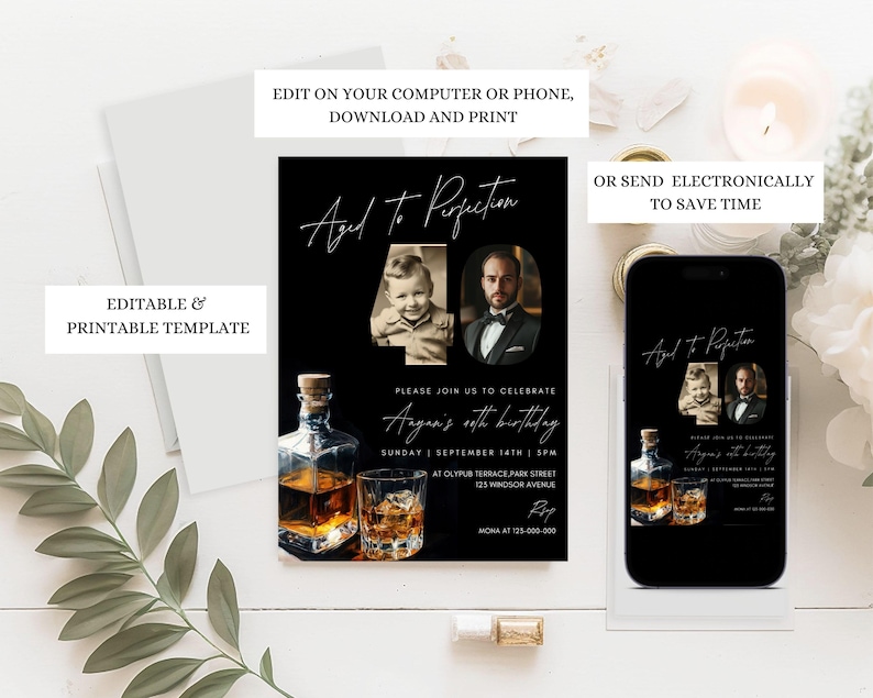 May include: Editable 40th birthday party invitation template with a black background, gold accents, and a photo of a man and a boy. The text reads "Aged to Perfection" and "Please join us to celebrate [Name]'s 40th birthday".