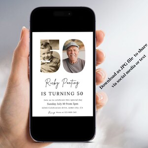 May include: A smartphone displays a 50th birthday invitation. The design features a vintage photo of a child and a recent photo of an older man. The text reads "Ricky Ponting is turning 50" with event details and RSVP information.