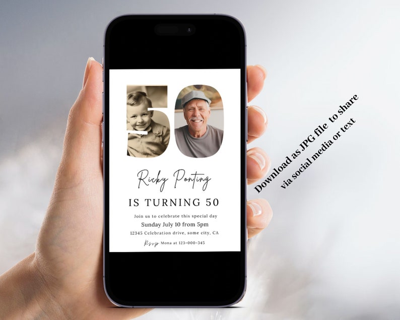 May include: A smartphone displays a 50th birthday invitation. The design features a vintage photo of a child and a recent photo of an older man. The text reads "Ricky Ponting is turning 50" with event details and RSVP information.