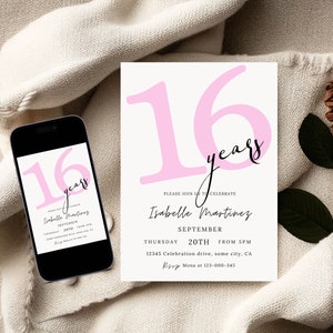 16. Geburtstagseinladung bearbeitbar, rosa 16. Geburtstag einladen Mädchen, druckbare Teenager-Geburtstagsfeier-Einladungskarte, digitale Canva-Vorlage 03