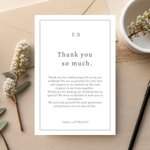 Carte de remerciement le jour du mariage avec monogramme et bordures, modèle de carte de remerciement pour table de mariage, note de remerciement minimaliste imprimable, Emma