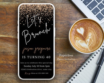 Black and Gold Birthday Brunch Invitation, Minimalist Template (Digital) - 166