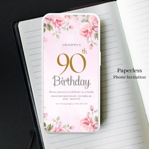 Faire-part de fête numérique 90e anniversaire, fleurs roses, 90e anniversaire de grand-mère, modèle modifiable, femmes adultes, invitation par SMS, toile 139