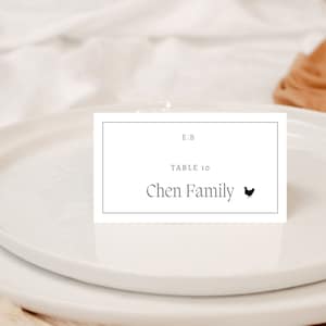 Plantilla de tarjeta de lugar de boda, tarjeta de lugar con monograma y borde Tarjetas de lugar modernas minimalistas, plantilla de tarjeta de lugar digital con iconos de comida Emma