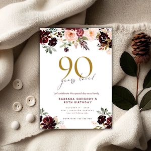 Invitation du 90e anniversaire, Bourgogne et rose, Modèle d’invitation d’anniversaire adulte pour femmes numérique, Carte d’anniversaire de grand-mère, Imprimable, Barb 67