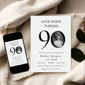 90e verjaardagsuitnodiging, 90e verjaardagsuitnodiging voor vrouwen, digitale volwassen verjaardagssjabloon met foto, oma's verjaardag afdrukbaar, 75