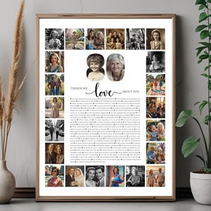 May include: A framed print featuring a collage of family photos, with the text "Things We Love About You" in the center. The photos are arranged around the text, showcasing various moments and people.