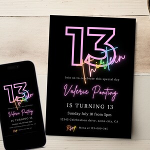 13th Birthday Invitation Girl, Pink Neon Birthday Invites, Rainbow Teenager Birthday Party Template, Digital, Printable or Text Canva 47