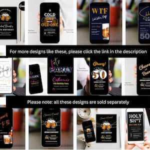 Op de afbeelding: Een verzameling digitale verjaardagsuitnodigingen met verschillende ontwerpen met bier, glazen en tekst. Sommige ontwerpen bevatten "Cheers to 50", "Holy Sh*t You Are Old", "Let's Party" en "Cheers and Beers".