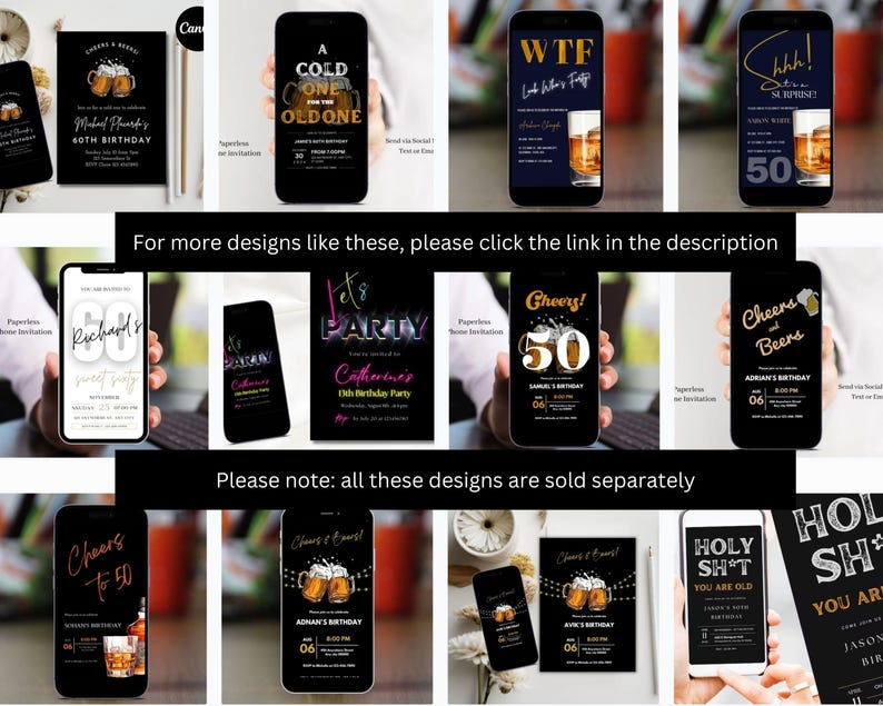 Op de afbeelding: Een verzameling digitale verjaardagsuitnodigingen met verschillende ontwerpen met bier, glazen en tekst. Sommige ontwerpen bevatten "Cheers to 50", "Holy Sh*t You Are Old", "Let's Party" en "Cheers and Beers".