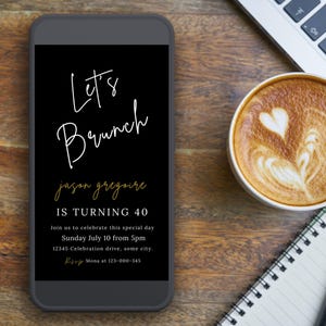 Digitale Geburtstagsbrunch-Einladung, Schwarz und Gold, Let's Brunch Minimalist Einladen für Männer oder Frauen, bearbeitbare Vorlage, Telefon oder Text 170