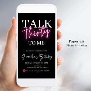 30th Birthday Invitation For Women, Talk Thirty To Me Evite, Pink Neon Light Adult Birthday Invite, Editable Template For Her Digital 08