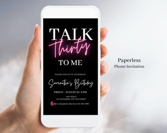30th Birthday Invitation For Women, Talk Thirty To Me Evite, Pink Neon Light Adult Birthday Invite, Editable Template For Her Digital 08