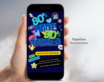 80s Made 90s Raised Invitation Digital, 80s Theme Party Invitation Men,Throwback Retro Birthday Invite, 40th birthday him, Evite, Canva 139