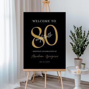 Letrero de cumpleaños número 80, pancarta de bienvenida negra y dorada para fiesta para hombres, cartel de cumpleaños para adultos editable e imprimible, plantilla de letrero de patio Canva 66