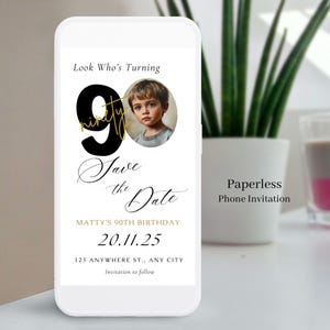 90th Birthday Save The Date, Photo Invite, Canva Template (Digital Download) - 07