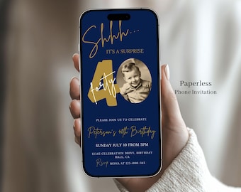 Men's 40th Birthday Invitation, Navy Blue and Gold Surprise Party (Digital Template) - 221