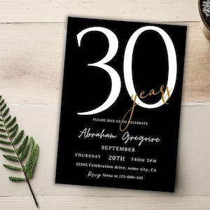 30th Birthday Invitation, Black 30th Birthday Invitation For Him Men, 30th Birthday Invite, Printable Adult Birthday Invite Canva, Abra 56