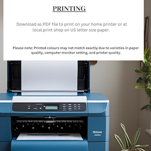 Puede incluir: Una impresora de inyecci&oacute;n de tinta azul y blanca con el texto "PRINTING" en la parte superior. La impresora est&aacute; abierta, revelando una hoja de papel blanco. El texto de abajo indica que el archivo es un PDF para imprimir en papel tama&ntilde;o carta estadounidense.