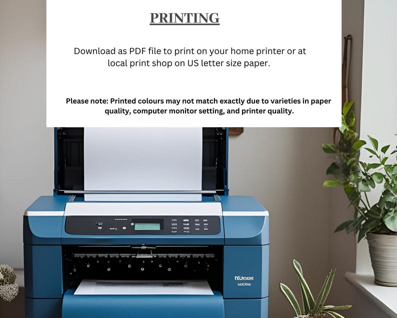 Puede incluir: Una impresora de inyecci&oacute;n de tinta azul y blanca con el texto "PRINTING" en la parte superior. La impresora est&aacute; abierta, revelando una hoja de papel blanco. El texto de abajo indica que el archivo es un PDF para imprimir en papel tama&ntilde;o carta estadounidense.