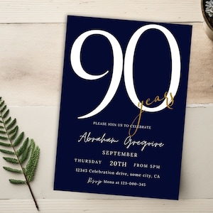 90. Geburtstag Einladung, Navy Blaue Geburtstagseinladung Vorlage für Männer, Digitale Opa Geburtstagskarte, druckbare Invite Canva, Abra 59