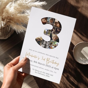 3. Geburtstagseinladung Junge oder Mädchen, Fotocollage 3 Jahre alt einladen, digitaler Download, Kindergeburtstag-Party Einladungen, printable oder Text 8