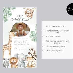 Op de afbeelding: Een verjaardagsuitnodiging met een junglethema. De uitnodiging toont een baby, een aap, een giraffe, een leeuw, een olifant, een cheetah, een zebra en een neushoorn. De tekst luidt "He is a Wild One" en "Oliver's 1st Birthday".