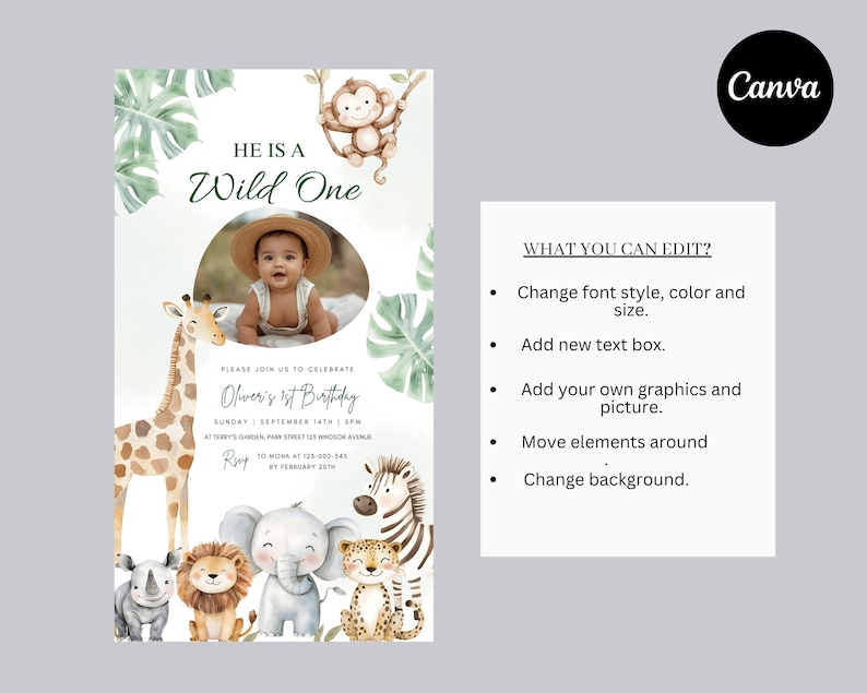 Op de afbeelding: Een verjaardagsuitnodiging met een junglethema. De uitnodiging toont een baby, een aap, een giraffe, een leeuw, een olifant, een cheetah, een zebra en een neushoorn. De tekst luidt "He is a Wild One" en "Oliver's 1st Birthday".