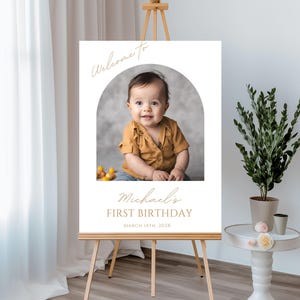Cartello di benvenuto per il primo compleanno di un bambino con foto, striscione per il primo compleanno di un bambino, decorazioni per feste modificabili e stampabili, cartello di benvenuto per il primo compleanno di un bambino, 69