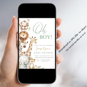 Puede incluir: Invitaci&oacute;n digital para baby shower en pantalla de smartphone. El dise&ntilde;o presenta ilustraciones de animales de safari, incluyendo un mono, un le&oacute;n, una cebra, una jirafa, un elefante y un leopardo. El texto dice "Oh Boy!" y los detalles de la fiesta.