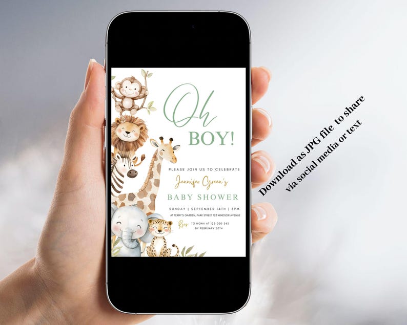 Puede incluir: Invitaci&oacute;n digital para baby shower en pantalla de smartphone. El dise&ntilde;o presenta ilustraciones de animales de safari, incluyendo un mono, un le&oacute;n, una cebra, una jirafa, un elefante y un leopardo. El texto dice "Oh Boy!" y los detalles de la fiesta.