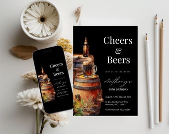 Cheers and Beers to 30, 40, 50, 60, 70 Years Invite, Adult Birthday Invitation Men, Printable Beer Birthday Party Invitation For Him