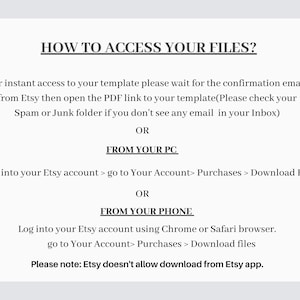 Puede incluir: Un documento en papel blanco con texto negro que proporciona instrucciones sobre c&oacute;mo acceder a los archivos despu&eacute;s de la compra. El texto incluye pasos para acceder a los archivos por correo electr&oacute;nico, PC y tel&eacute;fono, con una nota sobre las limitaciones de descarga de Etsy.