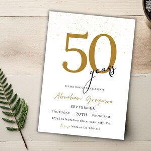 50. Geburtstagseinladung für Männer, weiß und Gold, digitaler Download, Erwachsenen-Geburtstagsfeier für Ihn, druckbare Geburtstagsfeierkarte, Canva 75