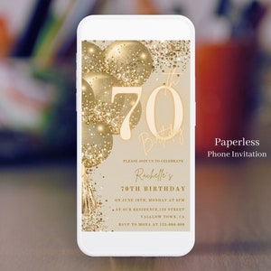 Digitale 70e verjaardagsuitnodiging, bruin goud zeventigste verjaardag uitnodigen glittery, neon bewerkbare tekst verjaardagsfeestje uitnodigen E-Vite telefoon 161