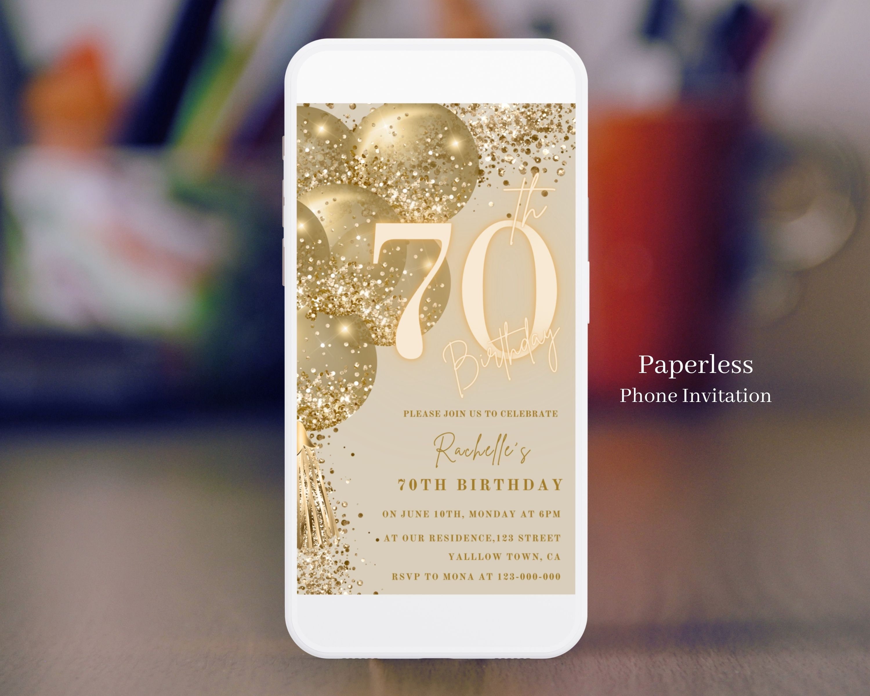 デジタル 70 歳の誕生日招待状、ブラウン ゴールド 70 歳の誕生日招待