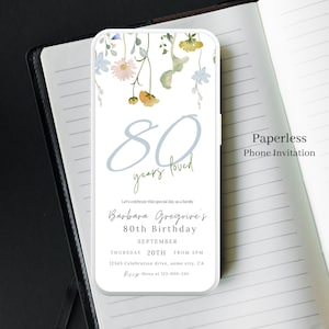 Elektronische 80e verjaardagsuitnodiging voor vrouwen digitaal, bloemen & groen, oma's verjaardag uitnodigingskaart, bewerkbare tekst uitnodigen 90