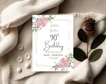 Invitation du 90e anniversaire, invitation d’anniversaire imprimable pour les femmes, roses et verts carte d’invitation à la fête du 90e anniversaire de grand-mère, 90