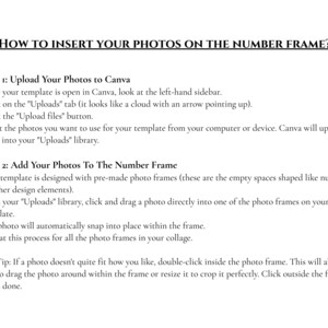 Op de afbeelding: Een wit document met zwarte tekst met instructies over het invoegen van foto's in een nummerframe. De tekst legt uit hoe je foto's naar Canva uploadt en aan het frame toevoegt, met een tip voor aanpassing.