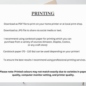 May include: A white document with the title "PRINTING" in black text. The document provides instructions for printing PDF and JPG files, recommending cardstock paper and professional printing services for best results. It also notes that printed colors may vary.