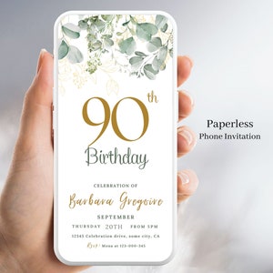 Digitale Einladung zum 90. Geburtstag, Grün und Gold, Einladungskarte zur Geburtstagsfeier für Männer oder Frauen, bearbeitbare Vorlage Online-Einladungen 147