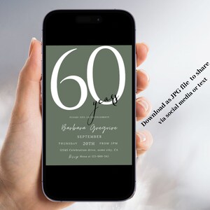 May include: A digital invitation for a 60th birthday party. The invitation is green with white text and features the number 60 with the word "years" underneath. The invitation includes the name "Barbara Gregoire", the date "September 20th", and the time "from 5pm".